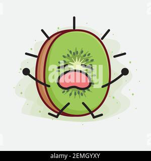 Vector Illustration of Kiwi Fruit Character with cute face, simple hands and leg line art on Isolated Background. Flat cartoon doodle style. Stock Vector