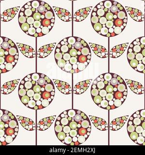 Abstract floral vector seamless pattern background. Mid century modern flowers and leaves filled with circle shapes in candy color palette. Stylized Stock Vector