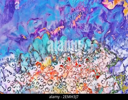 Abstract vector hand-drawn alcohol ink liquid watercolor image.Blue flowers in the meadow, the transparent texture Stock Vector