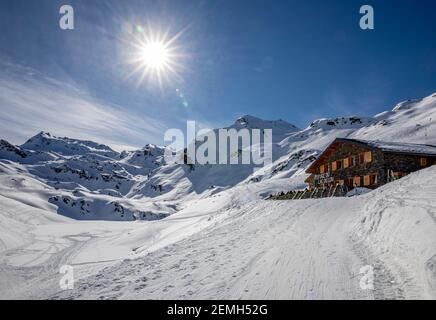 Val Thorens, France - February 16, 2020: Refuge du Lac du Lou in winter near the ski resort of Val Thorens Stock Photo