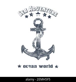 Vintage hand drawn ocean set with anchor in grunge style. Vector frame. sea label and silhouettes Stock Vector