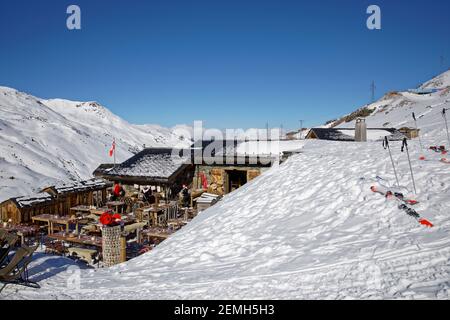 Val Thorens, France - February 18, 2020: Typical high altitude restaurant 'Chez pépé Nicolas' between Val Thorens and Les Menuires resort Stock Photo