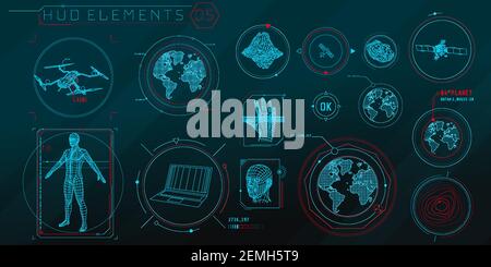 A set of HUD 3D-scanning elements for a futuristic interface. Stock Vector