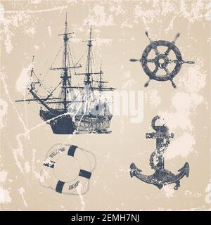 Vintage hand drawn ocean set with helm, ship, lifebuoy, anchor in grunge style. Vector frame. sea label and silhouettes Stock Vector