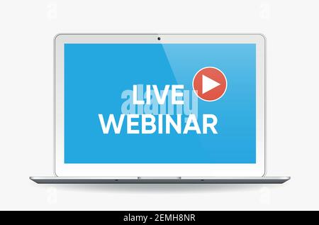 Live webinar online with play button on laptop, online webinar computer screen. Stock Vector