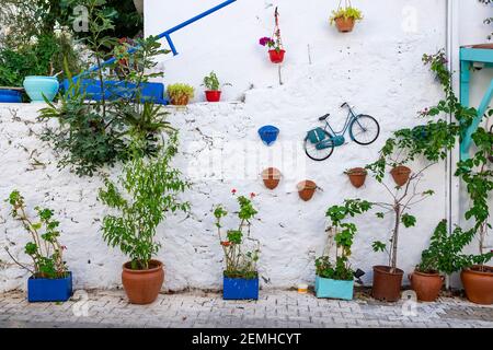 Decorated white wall with plants and bicycle, Kas, Turkey Stock Photo