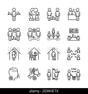 Social distancing outline icon set. Include such icons as stay home, protection, safety distance and more. Stock Vector