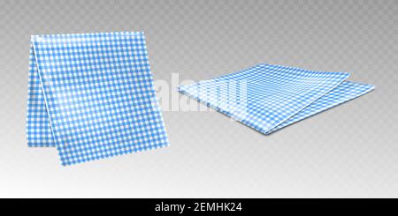 Kitchen towel or tablecloth with chequered blue and white print. Hanging and laying picnic napkin, gingham cotton linen or plaid isolated on transparent background, Realistic 3d vector illustration Stock Vector