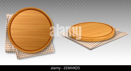 Wooden pizza and cutting boards on kitchen towel. Round trays on folded chequered tablecloth, natural, eco friendly utensils made of wood isolated on transparent background, realistic 3d vector set Stock Vector