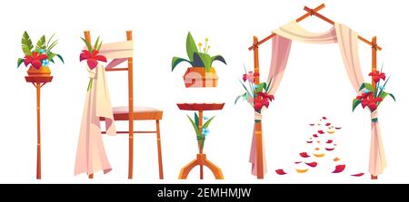 Beach wedding decoration with floral arch and chair isolated on white background. Vector cartoon set of objects for marriage ceremony on sea share, tropical location. Wedding gate with flowers Stock Vector