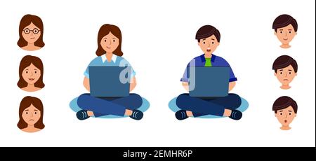 Boy and Girl sits and learns online on laptop. Man and woman works on laptop. Faces with different emotions, Set template. Face sad, happy, surprised. Stock Vector