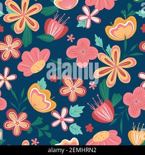 Painted colorful flowers, seamless vector background. bright stylized flowers on a dark background. Stock Vector