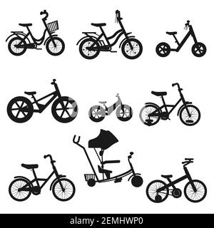 Set of kids bikes. Bicycles for children, for boys. Icons, vector, flat design. Stock Vector