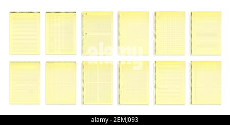 Notebooks with yellow paper in lines, dots and square grid top view. Vector realistic mockup of notepads with spiral wire binders and line pattern isolated on white background Stock Vector