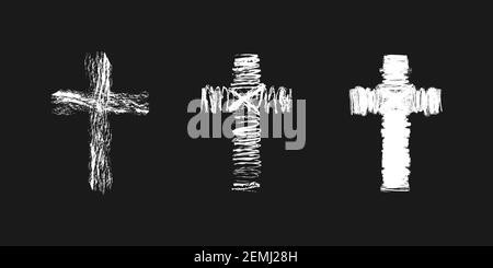 Cross concept in brushing style. Christian church vector logo. Set of white colored crucifixions. Religious symbols. Abstract isolated graphic web des Stock Vector
