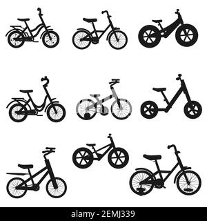 Set of kids bikes. Bicycles for children, for boys. Icons, vector, flat design. Stock Vector