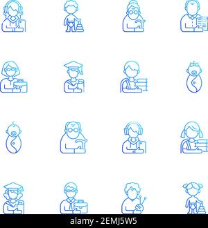 Different age and gender groups gradient linear vector icons set Stock Vector