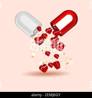 Modern Vector Concept Illustrations. Capsule Pill with Hearts Icon. Stock Vector
