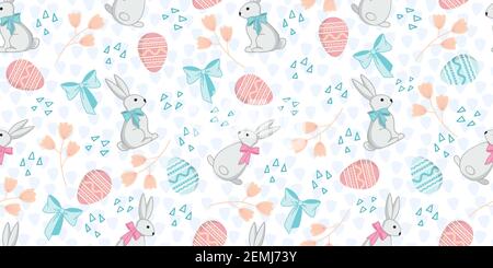 Seamless pattern with rabbits in a cartoon style, line art. Background for the design of the cover, product packaging, advertising banner, postcard, p Stock Vector