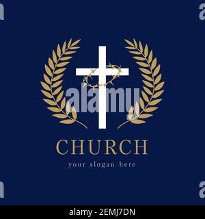 Church logo template. Religious vector christian symbol. It is done. Crucifix, thorns of spines, glorious wreath. Round framed of palms icon gold colo Stock Vector