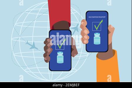Two hands showing the vaccination passport in the smartphone. Vector illustration Stock Vector
