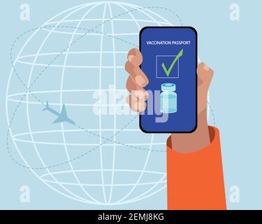 One hand showing the vaccination passport in the smartphone. Vector illustration Stock Vector