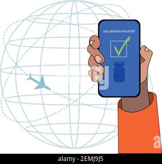 One hand showing the vaccination passport in the smartphone. Vector illustration cartoon style Stock Vector