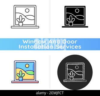 Picture windows icon. Large, fixed-pane window without glazing bars. Clear view without obstructions. Natural light access. Linear black and RGB color Stock Vector