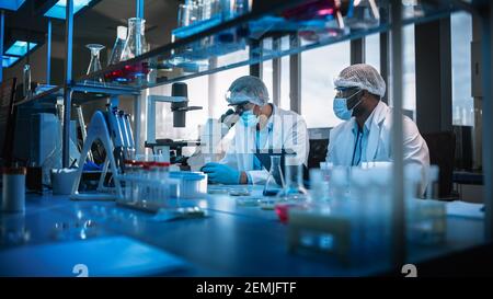 Modern Medical Research Laboratory: Two Scientists Wearing Face Masks use Microscope, Analyse Sample in Petri Dish, Discuss Innovative Technology Stock Photo