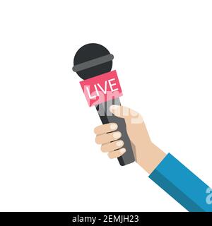 Journalist hand holding microphones performing interview. Illustration of microphone for news, broadcasting live news. Stock Vector