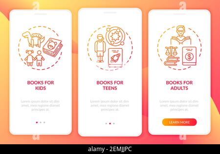 Online library categories onboarding mobile app page screen with concepts Stock Vector