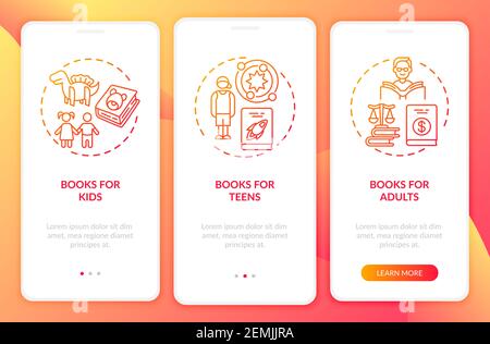 Online library categories onboarding mobile app page screen with concepts Stock Vector