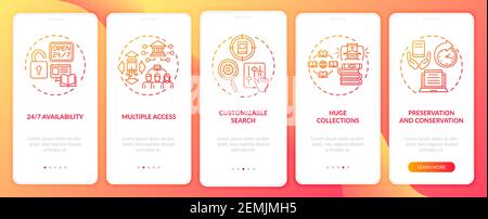 Online library benefits onboarding mobile app page screen with concepts Stock Vector