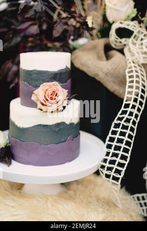 Closeup of wedding cake with light pink roses, purple ganache against rustic setting Stock Photo