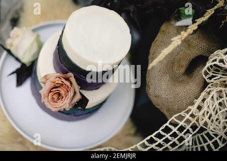 Closeup of wedding cake with light pink roses, purple ganache against rustic setting Stock Photo