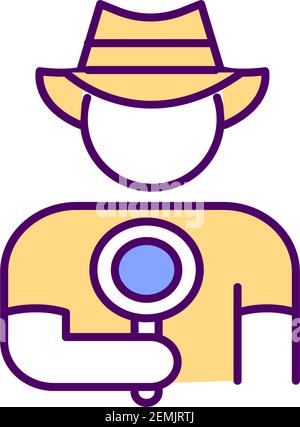 Man in a cowboy hat holds a agnifying glass his hand RGB color icon Stock Vector