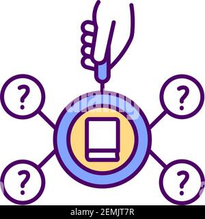 Book RGB color icon in circle with several question makrs Stock Vector