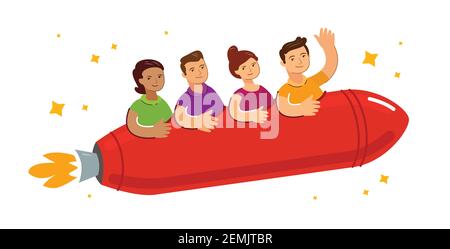 People fly on rocket to success. Teamwork, solidarity concept cartoon vector illustration Stock Vector