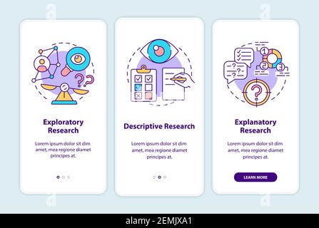 Types of scientific research onboarding mobile app page screen with concepts Stock Vector