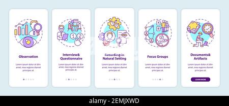 Qualitative research techniques onboarding mobile app page screen with concepts Stock Vector