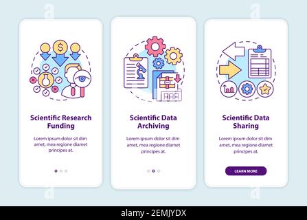 Scientific research components onboarding mobile app page screen with concepts Stock Vector