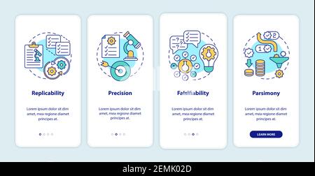 Scientific method requirements onboarding mobile app page screen with concepts Stock Vector