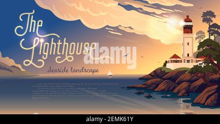 Lighthouse - vector landscape. Sea landscape with beacon on the beach at sunrise. Vector horizontal illustration in flat cartoon style. Stock Vector