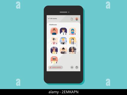 Audio chat with voice mesages application on smartphone. Clubhouse app. Member's avatars. Vector illustration Stock Vector