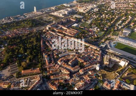 Aerial view of the historic Belem District at sunrise in Lisbon, Portugal. Stock Photo