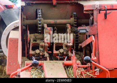 Hay baler close up, rake press and constructing details.2021 Stock Photo