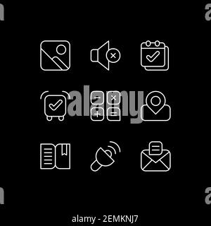 Smartphone interface white linear icons set for dark theme Stock Vector