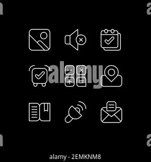 Smartphone interface white linear icons set for dark theme Stock Vector