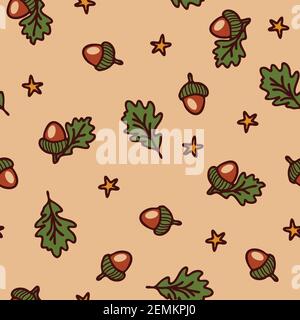 Seamless vector pattern with acorns and stars on light pink background. Simple autumn wallpaper design. Stock Vector