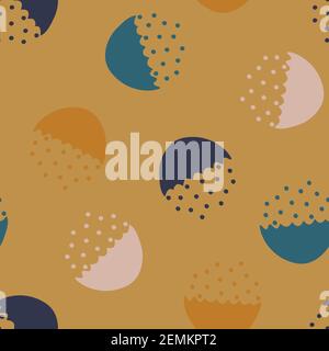 Seamless vector pattern with abstract bowl and dots on beige mustard background. Simple modern wallpaper design. Ideal for textile fabric fashion. Stock Vector